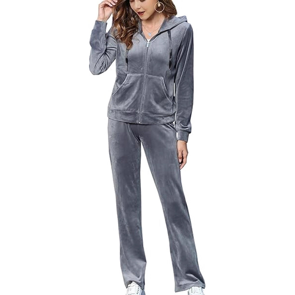 Women's Velvet Zip Hoodie Wide Leg Pants Set