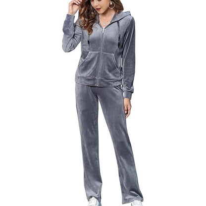 Women's Velvet Zip Hoodie Wide Leg Pants Set