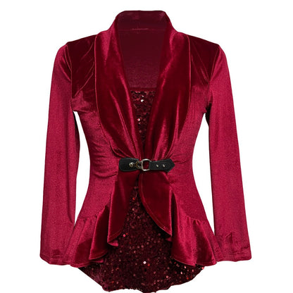 Women's Long Sleeve Velvet Sequin Belted Peplum Top