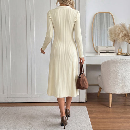 Ribbed Knit Polo Midi Dress Long Sleeve A-Line