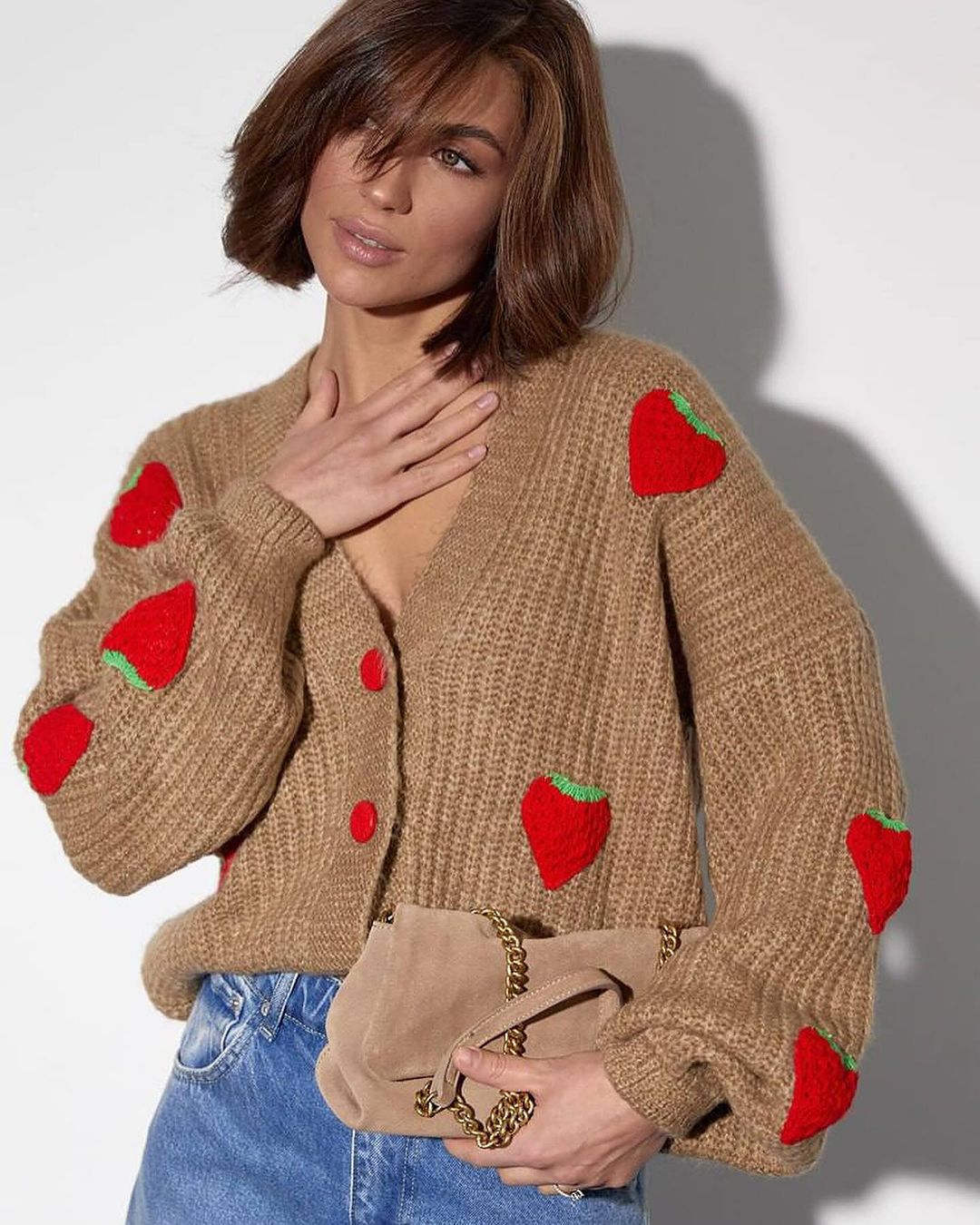 Oversized Chunky Knit Strawberry Cardigan Sweater