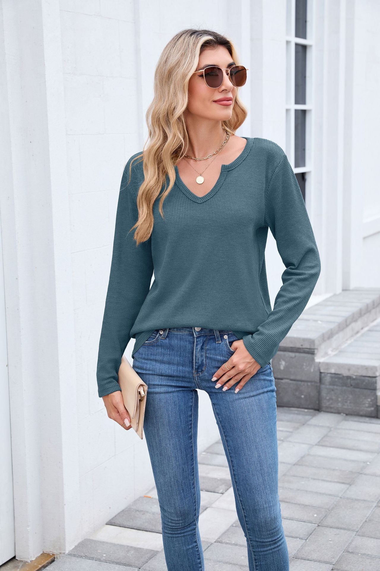 Women's Waffle Knit V-Neck Long Sleeve Loose Fit Top