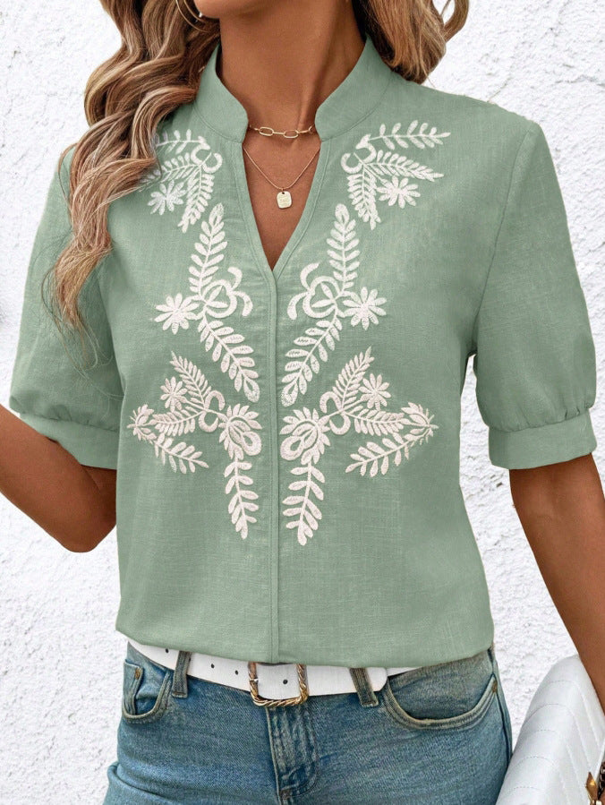 V Neck Embroidered Cotton Blouse Casual Summer Shirt