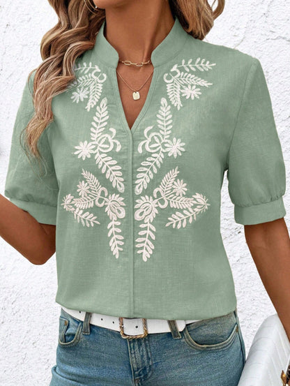 V Neck Embroidered Cotton Blouse Casual Summer Shirt