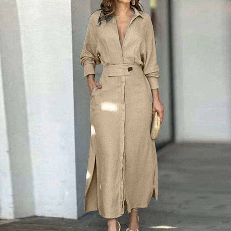 Women's Belted Maxi Shirt Dress Long Sleeve