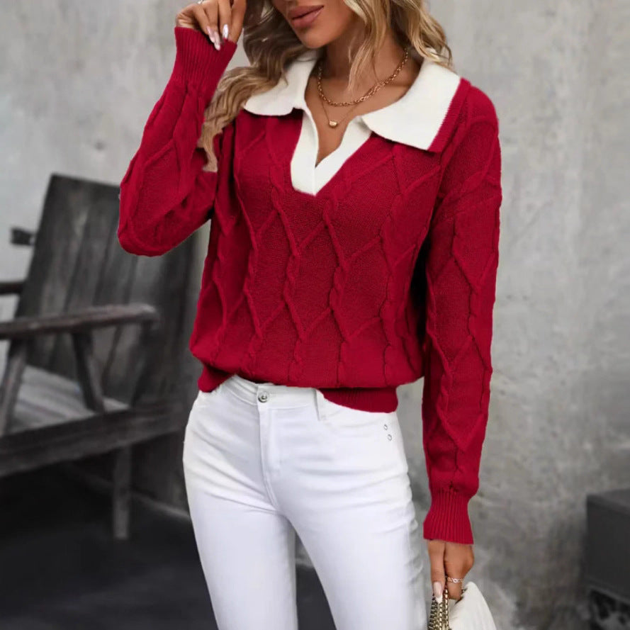 Women's Collared V Neck Colorblock Knit Sweater