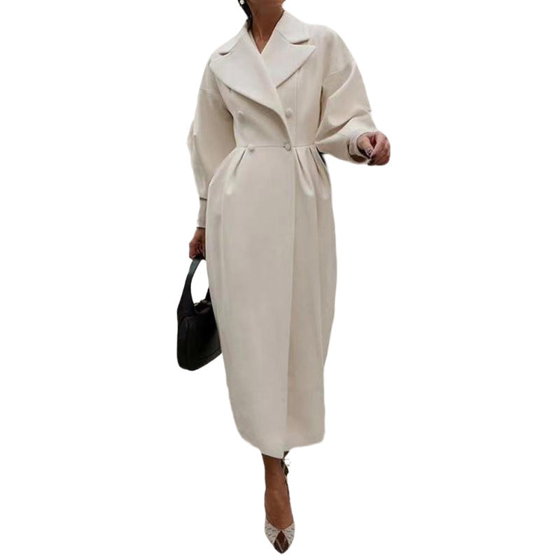 Women Wool Coat Double Breasted Balloon Sleeve Notch Lapel