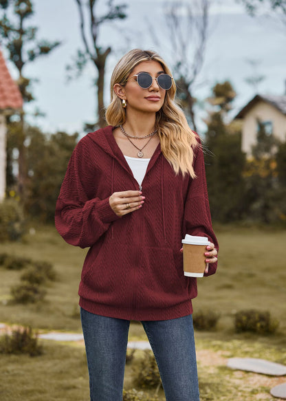 Oversized Textured Zip-Up Hoodie Jacket Pockets