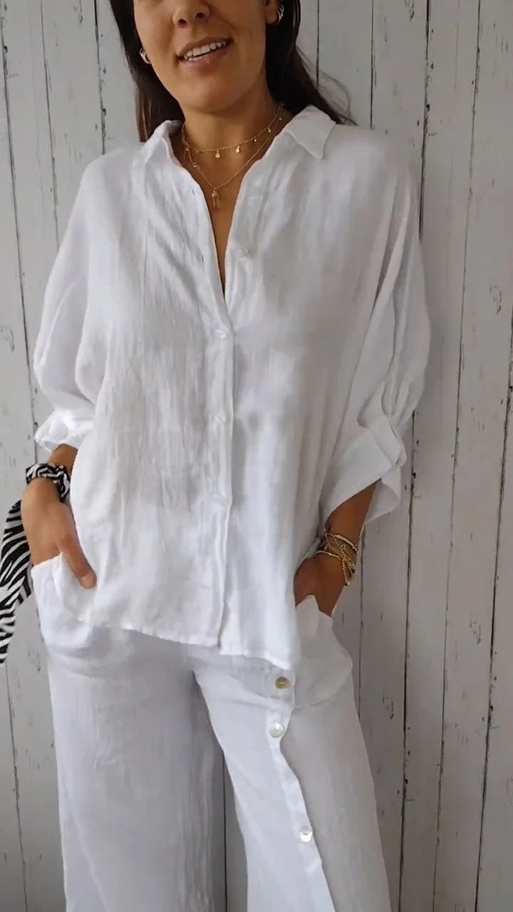 Cotton Linen Tie Back Button Down Shirt Long Sleeve
