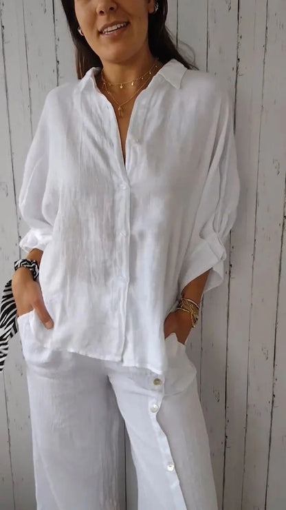 Cotton Linen Tie Back Button Down Shirt Long Sleeve
