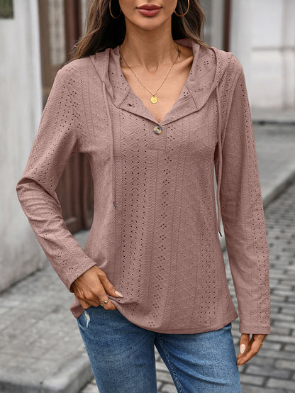 Women's Eyelet Button Hoodie Long Sleeve Tunic Top