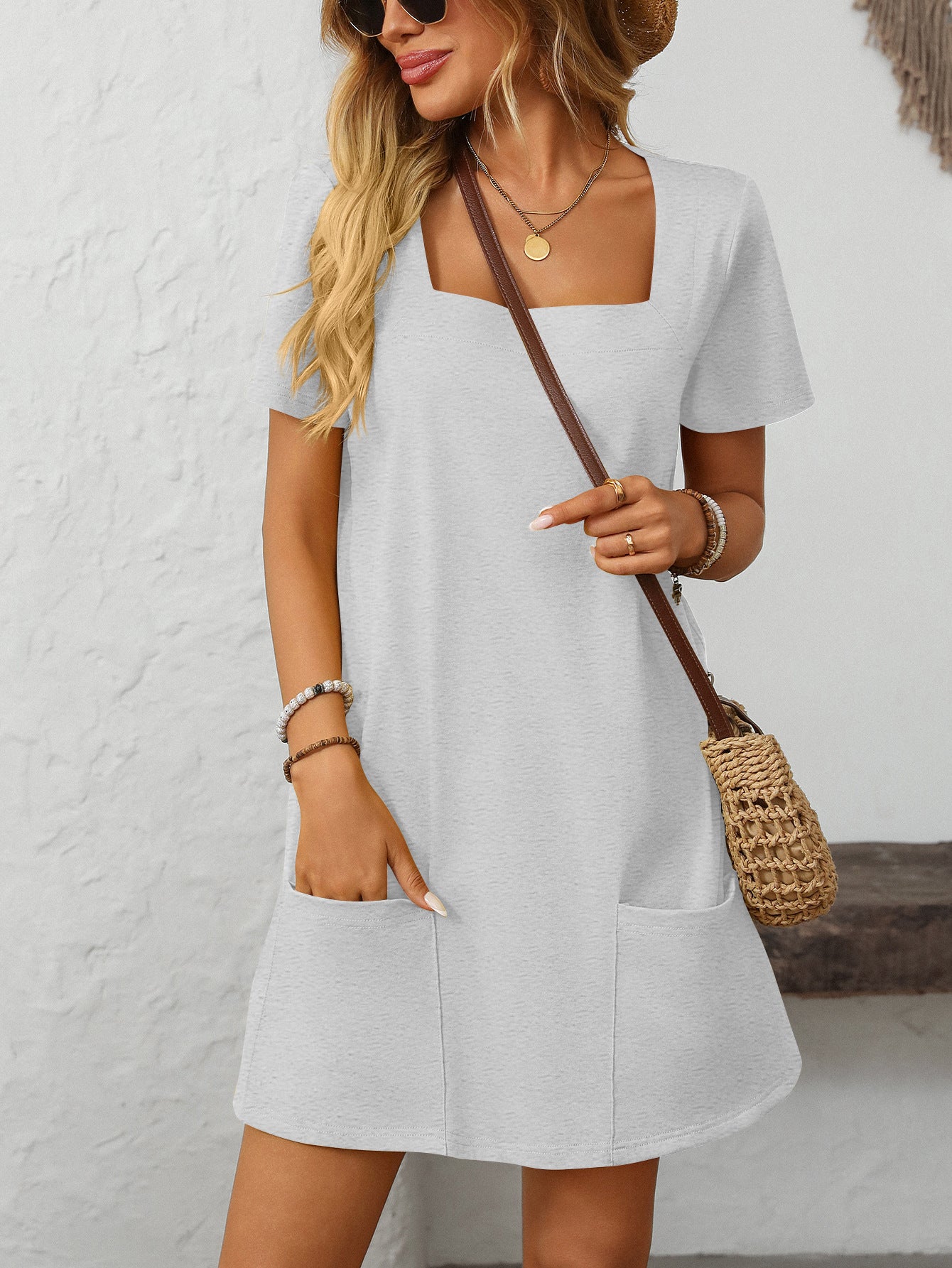 Square Collar Short-Sleeve Casual Pocket Dress
