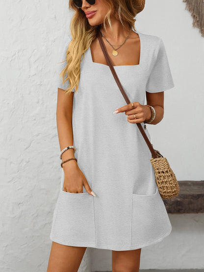 Square Collar Short-Sleeve Casual Pocket Dress