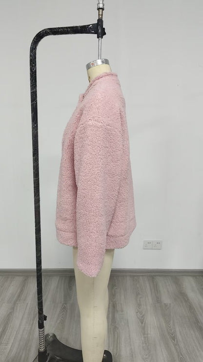 Women's Pink Cropped Sherpa Fleece Jacket Winter Coat