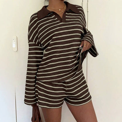 Striped Polo Lounge Set Long Sleeve Top & Shorts Set