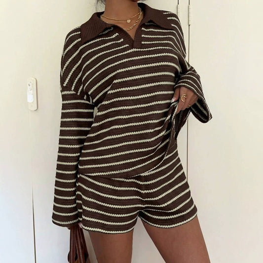 Striped Polo Lounge Set Long Sleeve Top & Shorts Set
