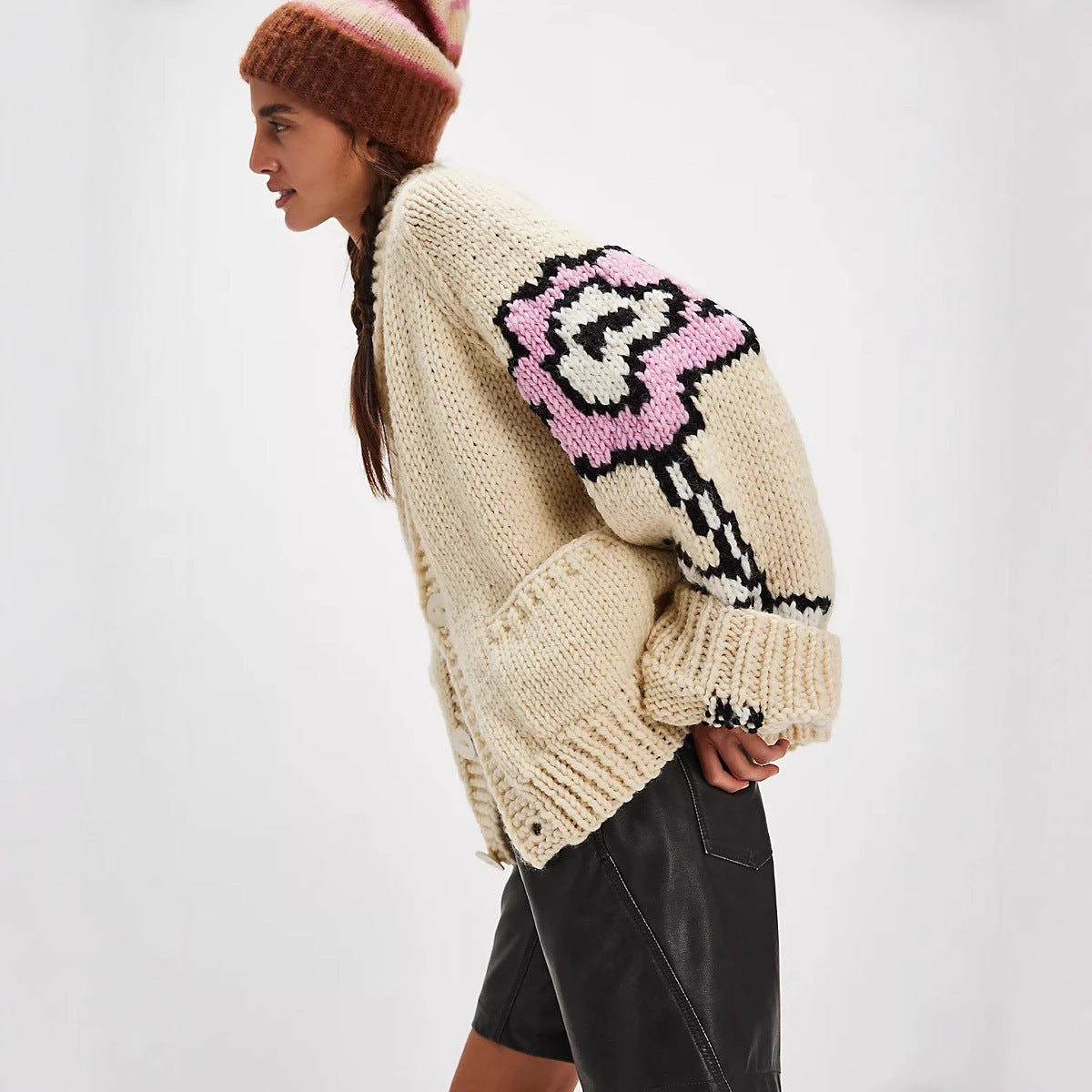 Oversized Graphic Chunky Knit Cardigan Streetwear
