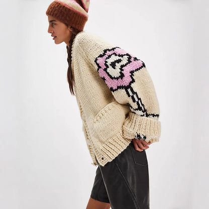 Oversized Graphic Chunky Knit Cardigan Streetwear