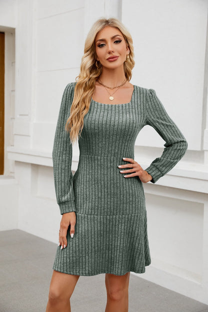 Square Neck Puff Sleeve A-Line Mini Dress with Pockets