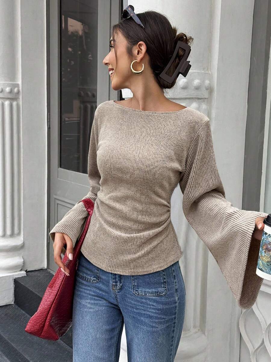 Ribbed Knit Bell Sleeve Fitted Long Sleeve Top
