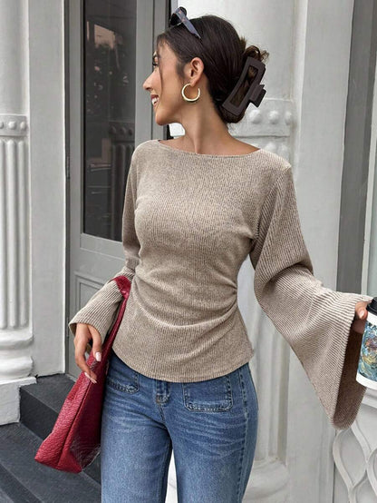 Ribbed Knit Bell Sleeve Fitted Long Sleeve Top