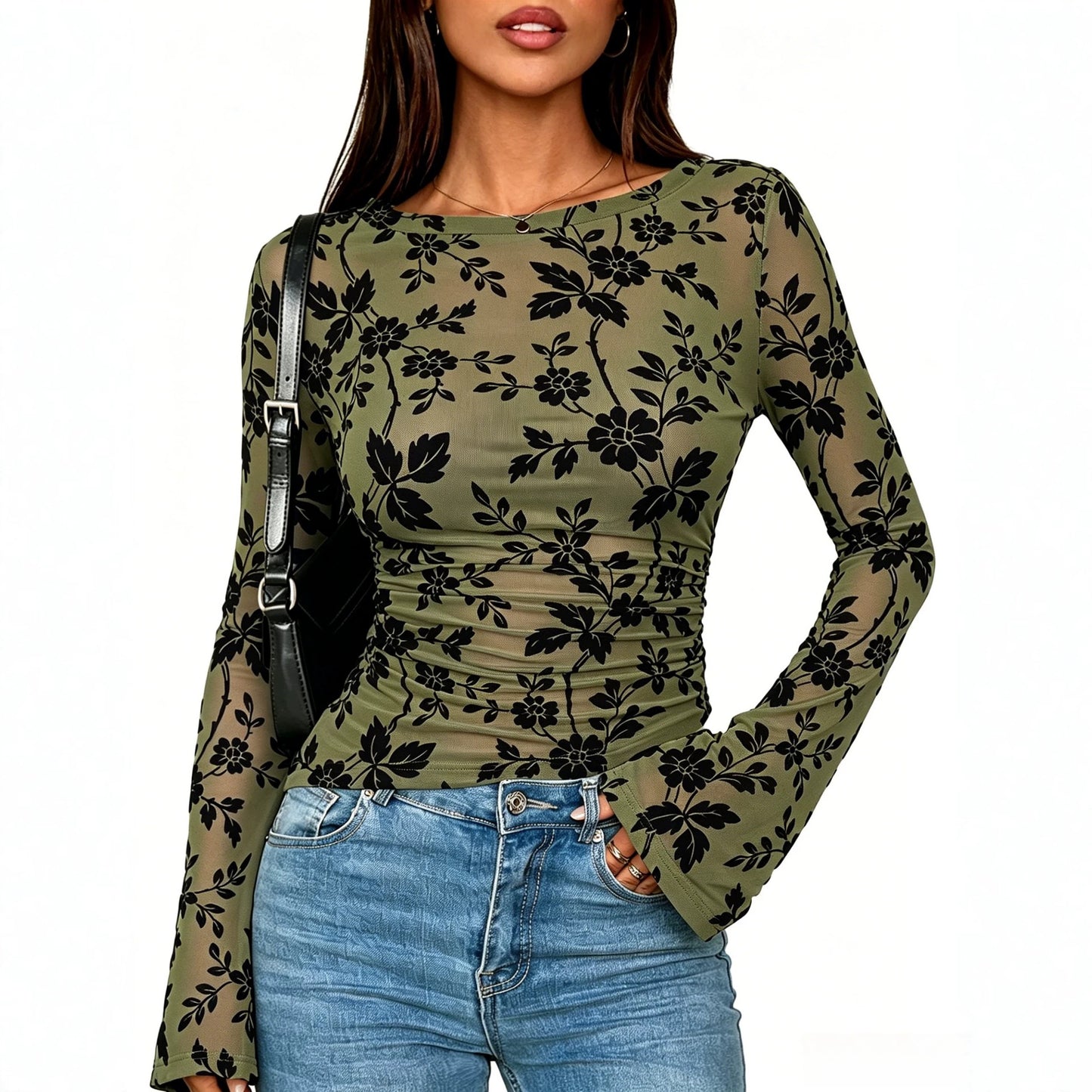 Flocked Floral Long Sleeve Slim Fit Crewneck Top for Women