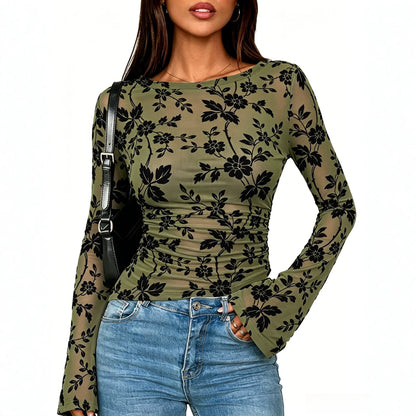 Flocked Floral Long Sleeve Slim Fit Crewneck Top for Women