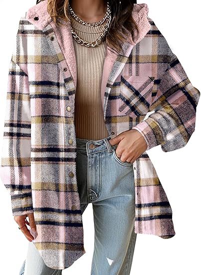 Women's Plaid Flannel Hooded Shacket Jacket