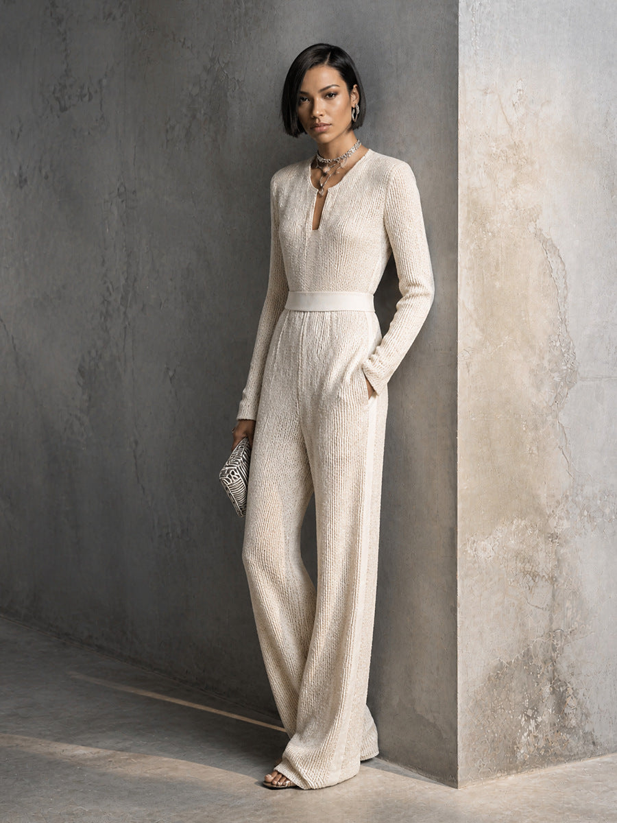 Women's Ribbed Knit V-Neck Zipper Wide Leg Jumpsuit