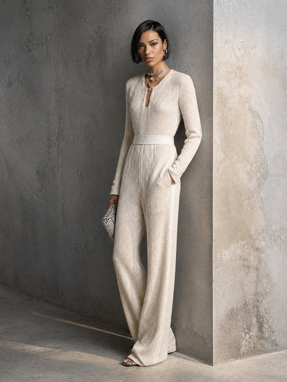 Women's Ribbed Knit V-Neck Zipper Wide Leg Jumpsuit