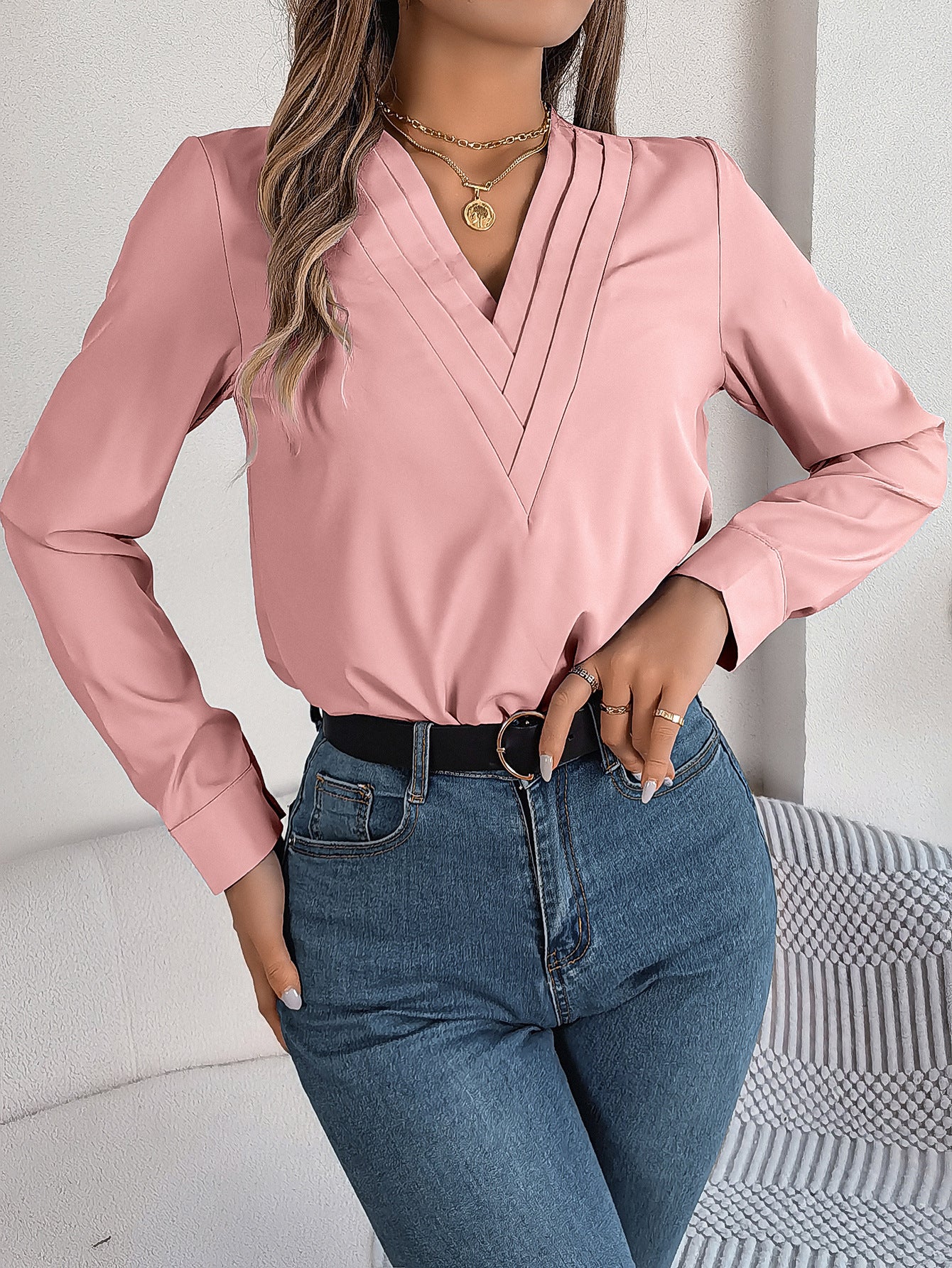 Elegant Layered V-Neck Long Sleeve Blouse – 2025 Fall/Winter