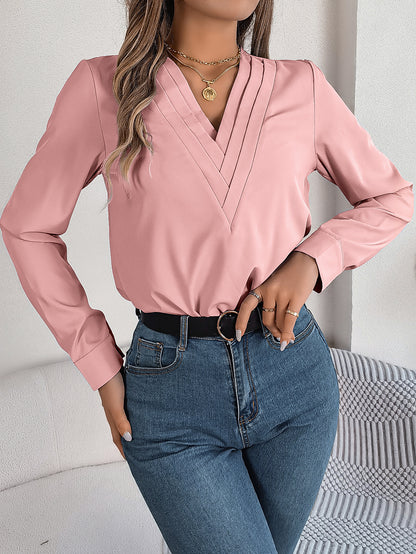 Elegant Layered V-Neck Long Sleeve Blouse – 2025 Fall/Winter