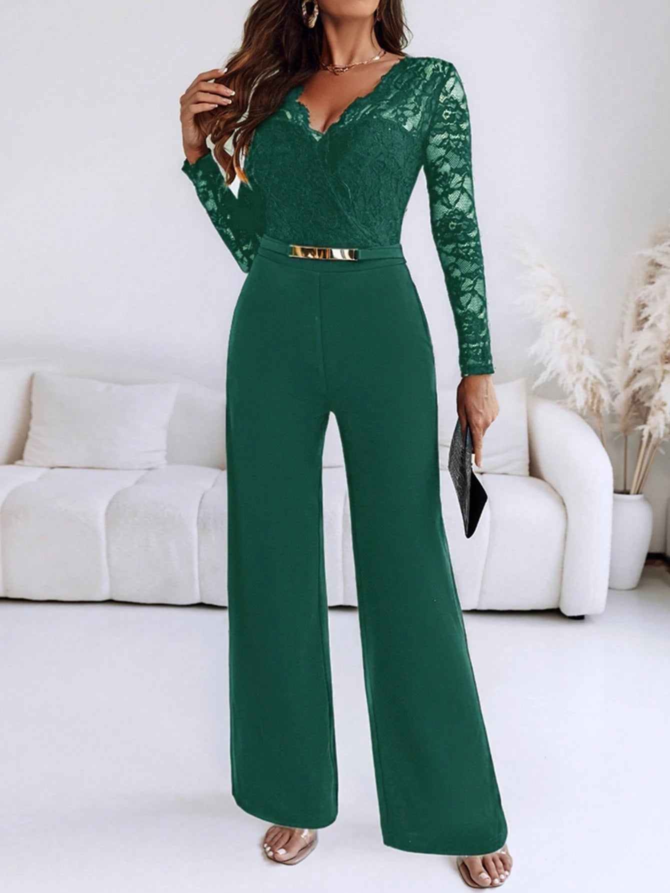 Lace Belted Flare Jumpsuit Long Sleeve Women