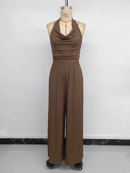 Cowl Neck Backless Wide Leg Jumpsuit Sleeveless Romper