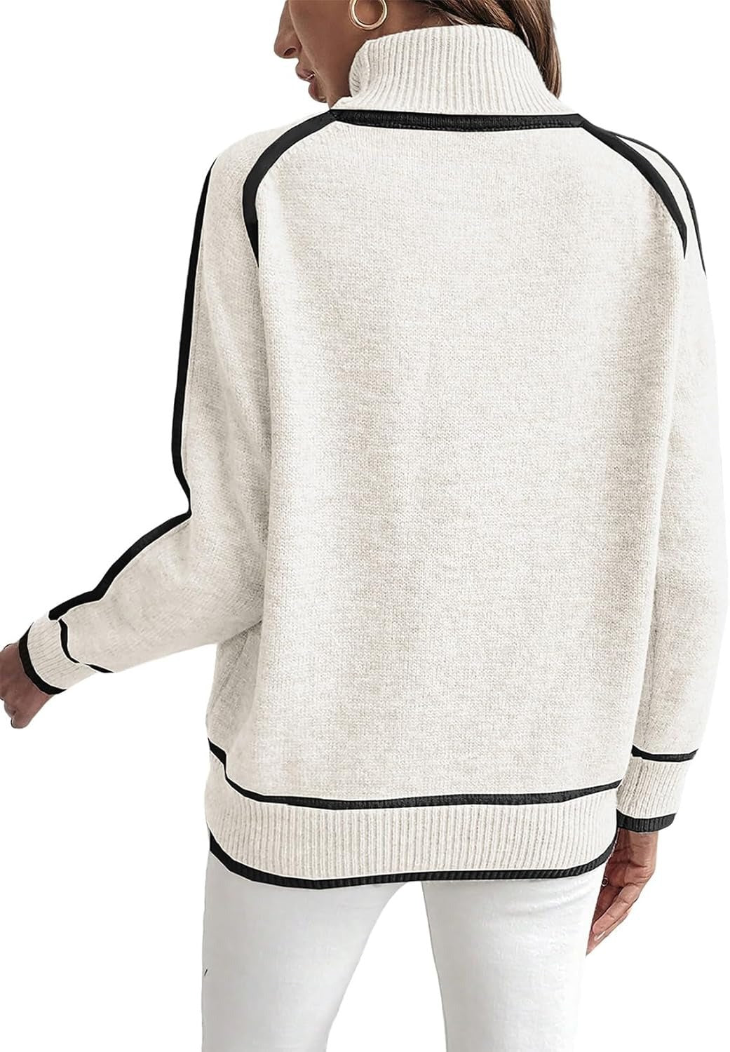 Women's Oversized Turtleneck Sweater Contrast Trim Pullover