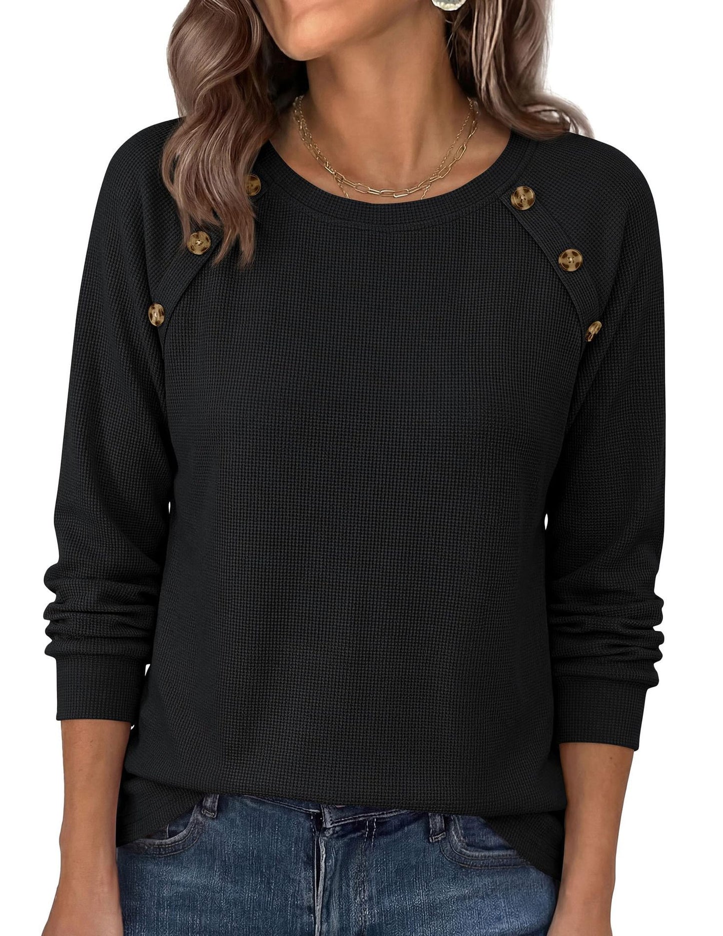 Waffle Knit Button Henley Top Crew Neck Long Sleeve Tee