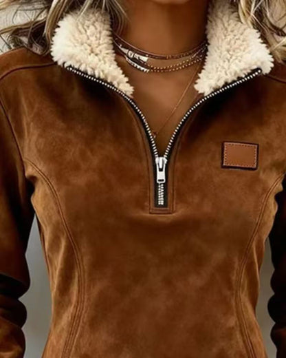 Women's Faux Suede Fringe Hem Quarter Zip Sherpa Pullover