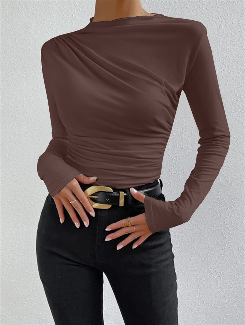 Ruched Mock Neck Fitted Long Sleeve Layering Top
