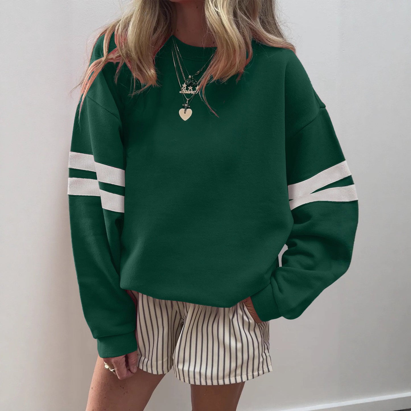 Women's Oversized Striped Sleeve Crewneck Sweatshirt