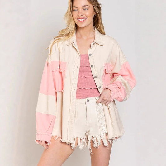 Women's Vintage Colorblock Washed Denim Jacket Oversized