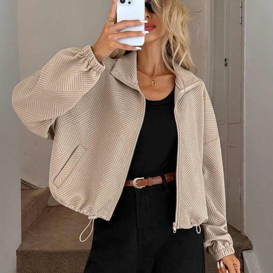 Textured Zip Up Bomber Jacket Drawstring Hem Casual Coat