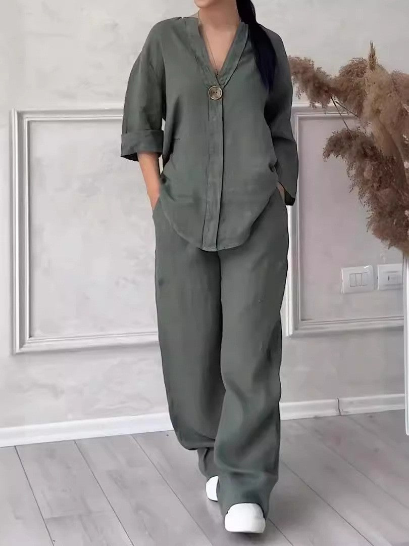 Womens Linen Two Piece Set Button Top Wide Leg Pants