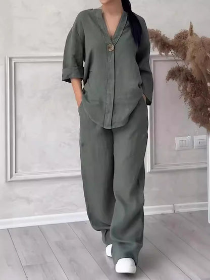 Womens Linen Two Piece Set Button Top Wide Leg Pants