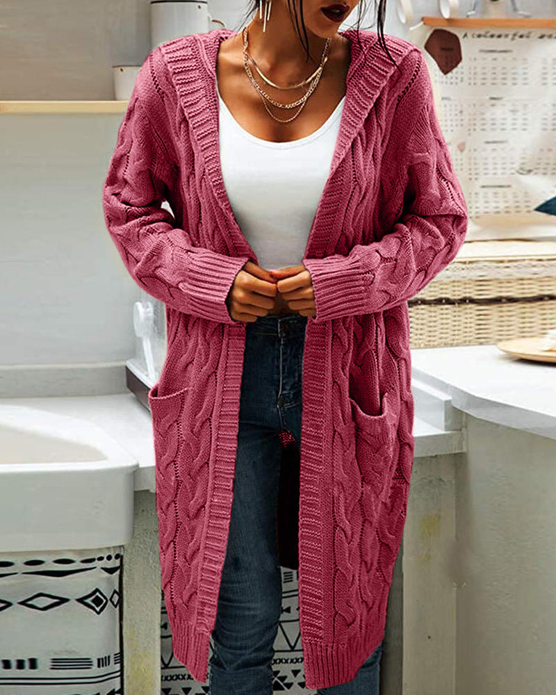 Women's Hooded Cable Knit Long Cardigan Open Front
