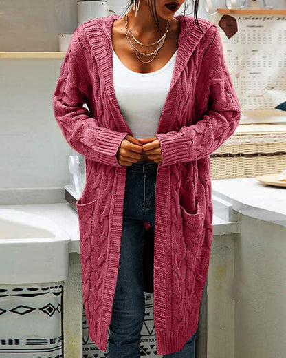 Women's Hooded Cable Knit Long Cardigan Open Front