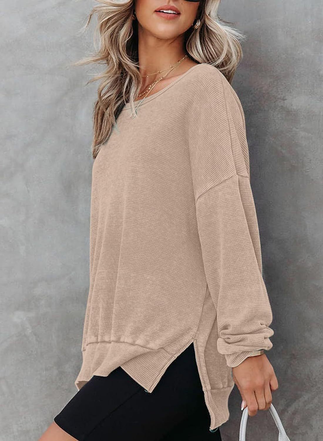 Waffle Split Hem Sweatshirt Women Casual Long Sleeve Top