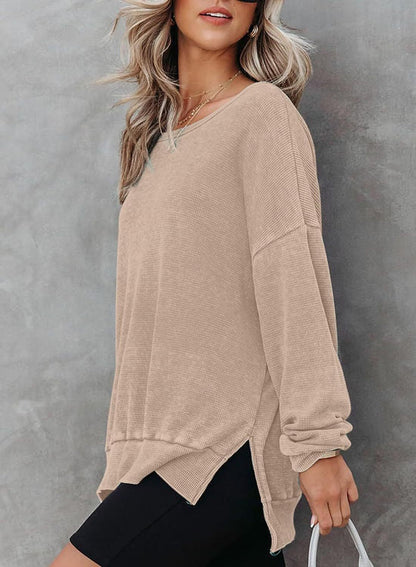 Waffle Split Hem Sweatshirt Women Casual Long Sleeve Top