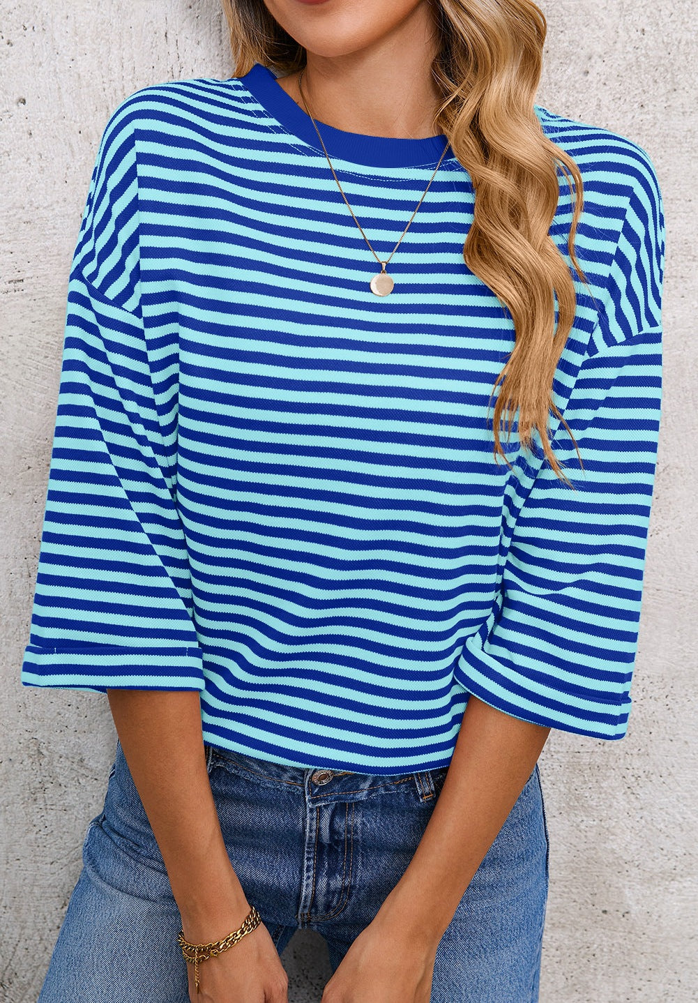Blue Striped Knit Back Bow Open Back Top Women