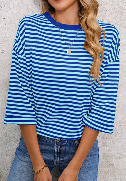 Blue Striped Knit Back Bow Open Back Top Women