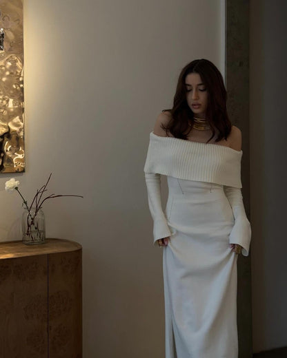 Off Shoulder Knit Maxi Dress Flare Sleeve Bodycon